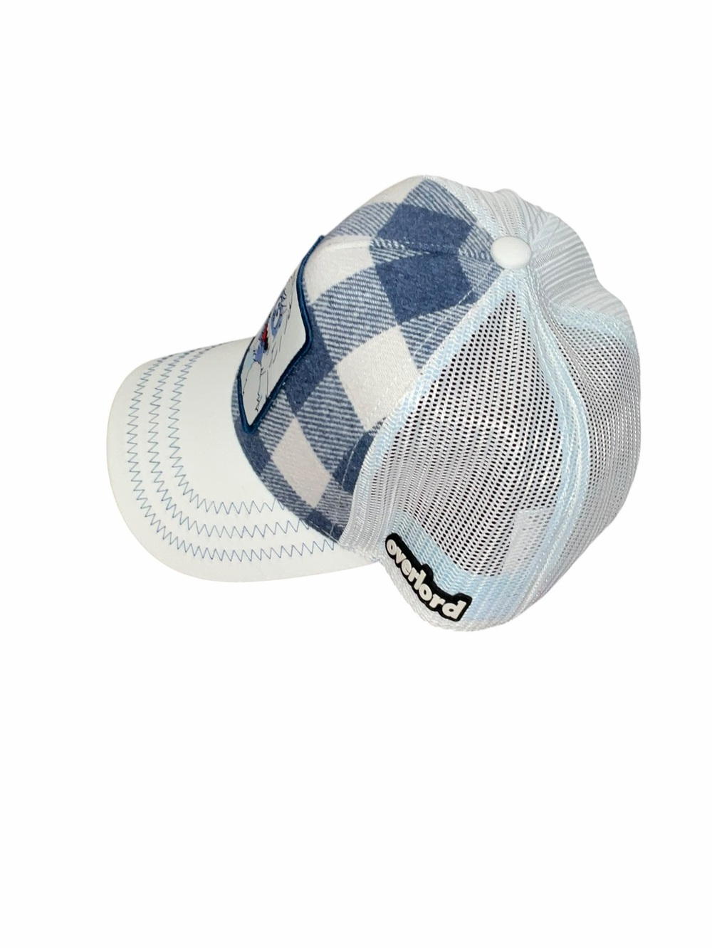 Overlord Rudolph Bumble Buffalo Plaid Trucker Hat Blue White - Picture 2 of 3